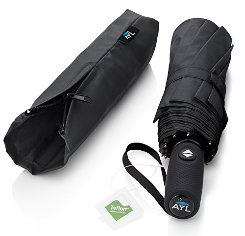 AYL Windproof Travel Umbrella with Teflon Coating and Zipper Pouch (Black) - Thumbnail 5
