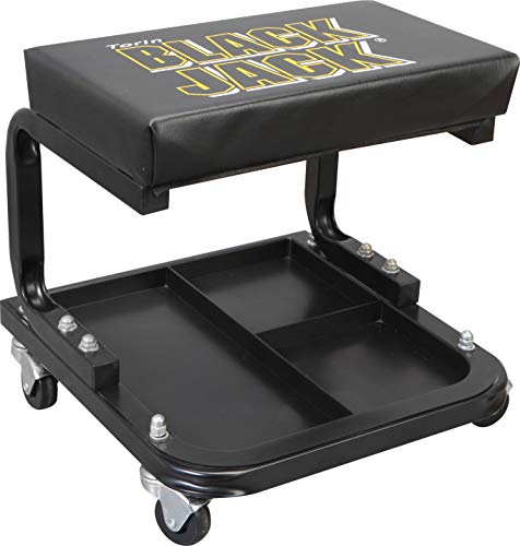 torin tr6100w blackjack rolling creeper asiento de garaje / taller: taburete acolchado para mecánico con bandeja de almacenamiento de herramientas, negro