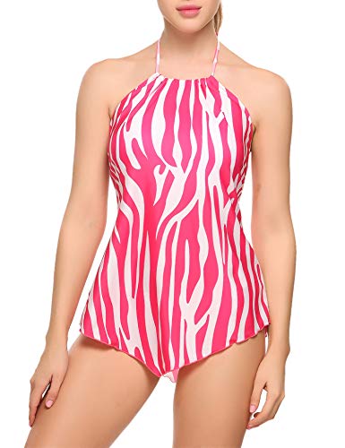 ADOME Tankini Swimsuit Women\'s Stripes Racerback Top Patchwork Boyshort 2PC Bathing Suit S-XXL (Large, Style2-Rose Red)