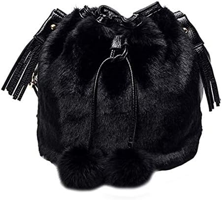 Goodbag Women Fashion Faux Fur Bucket Bag Tassel Drawstring Crossbody Bag Pompon Shoulder Bag Handbag