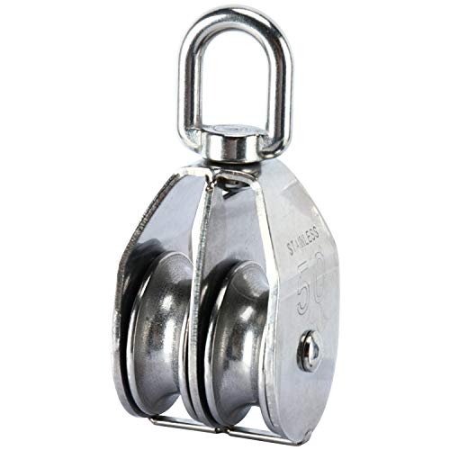 DasMarine 2 Pack M50 Lifting Double Pulley Block 304 Stainless Steel Crane Swivel Hook Double Pulley Roller Loading (M50 Double Pulley; 2 Pack)