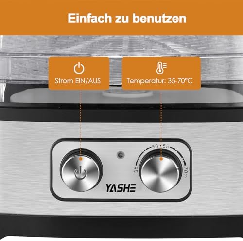 GGJ-261A Dörrautomat mit 5 höhenverstellbaren Tabletts, Temperaturregelung von 35-70°C, 240 Watt Dörrgerät für Obst und Gemüse, BPA-frei, Silber, Klar, Schwarz