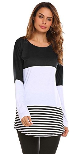 POGTMM Women Casual Long Sleeve Striped Patchwork Comfy O Neck Tunic Blouse(L, Black)