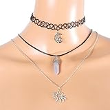 MJartoria Rhinestone Moon Star Sun Chakra Quartz Charm Pendant 3 Layer Elastic PU Choker Necklace Set