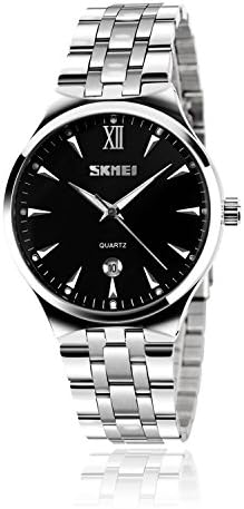Men's Unique Analog Quartz Waterproof Business Casual Stainless Steel Band Dress Roman Numeral Wrist Watch Classic Design Calendar Date Window Wristwatch Black