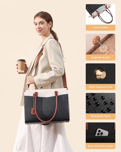 LOVEVOOK Laptop Handbags for Women, PU Leather Work Tote Bags | Clutch & Detachable Shoulder Strap, Padded Laptop Compartment, Waterproof, Large Tote for Shopper, Office, School, Travel