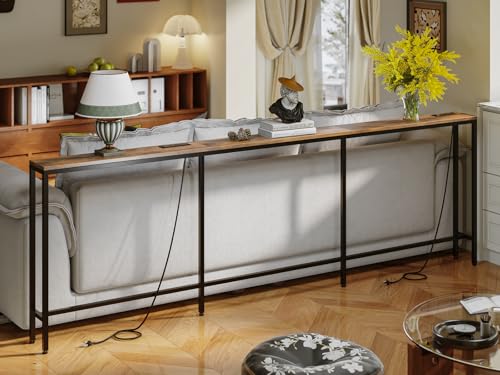 FLORIHOMA 260CM Behind Couch Table with 2 Fast Charging Stations, 18CM Narrow Skinny Sofa Table with 4 Power Outlets, 4 USB-A, 2 USB-C for Console Entryway, Rustic Brown