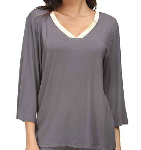 Invug Women 3/4 Long Sleeve Shirt Pants Set Sleepwear V Neck Long Pajamas Loungewear Grey XL