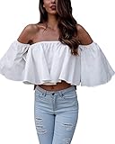 Relipop Women's Off Shoulder Tops Short Sleeve Shirt Strapless Blouses (Small, White)