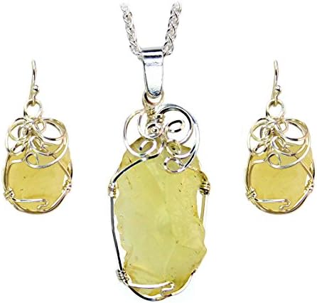 Libyan Desert Glass Jewelry Set Necklace Earrings Sterling Silver with Chain