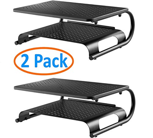 2 Pack- Two Tier, Double Decker Steel Monitor Stand with Rugged, Sturdy, Vibration Free Construction. Holds 50lbs, Laptop, Keyboard, Mouse, Organize Supplies. Vented Cooling. Attractive Black
