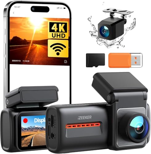iZEEKER 4K Car Dashcam, Built-in Wi-Fi 6, Free 32G SD Card, 4K+1080P Dual Camera, 2.99" IPS Screen, App Control, Night Vision, G Sensor, Loop Recording, 24H Parking Mode