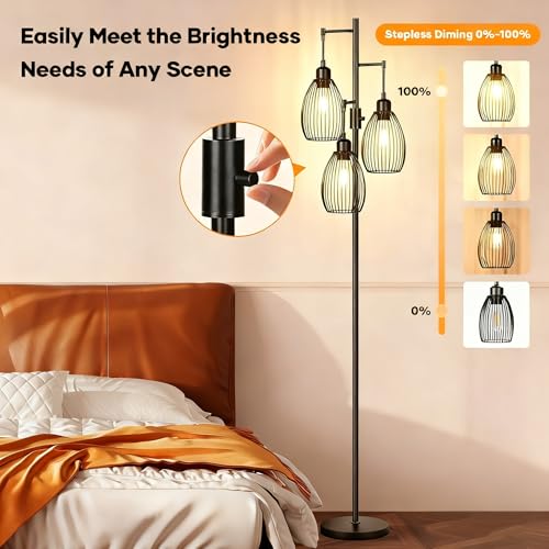 WAMBORY Dimmable Floor Lamp, 3 x 6W LED Bulbs Included, Farmhouse Industrial Floor Lamp with Rotary Switch, Vintage Tree Lamp with Elegant Teardrop Cage, Tall Standing Lamps for Living Room Bedroom