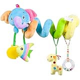 Car Seat Toys, Baby Activity Spiral Plush Stroller bar Toy Accessories, Crib Toys with Bell for boy or Girl, Hangings Rattle Toy, (Blue-Elephant)