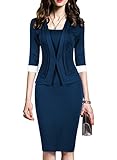 WOOSEA Women's 2/3 Sleeve Colorblock Slim Bodycon Business Pencil One-Piece Dress (Navy Blue, Small)