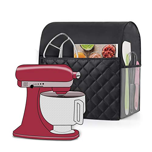 Luxja Dust Cover Compatible with 4.5-Quart and 5-Quart KitchenAid Mixers, Dust Cover with Cloudy Side Pockets for Extra Accessories, Black (Quilted Fabric)