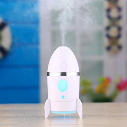 Rocket Shape Cool Mist Humidifier with Colorful Night Light, Kingfansion USB Powered Air Purification Aromatherapy Essential Oil Diffuser for Car Office Bedroom (White) - Thumbnail 3