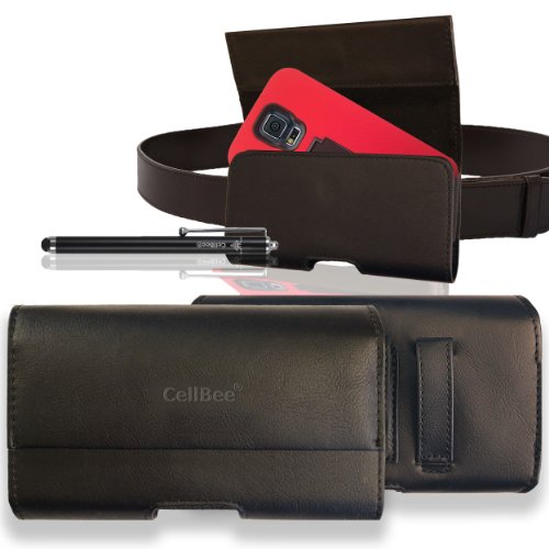 CellBee® Alcatel One Touch Premium Leather Pouch Carrying Case with Belt Clip Belt Loops Holster for Alcatel One Touch Evolve 5020T / Alcatel One Touch Fierce 7024W (Perfect Fits with Otterbox Commuter / Defender Case on Lifeproof Case on) w/ Stylus Touch Pen (Classic Black)