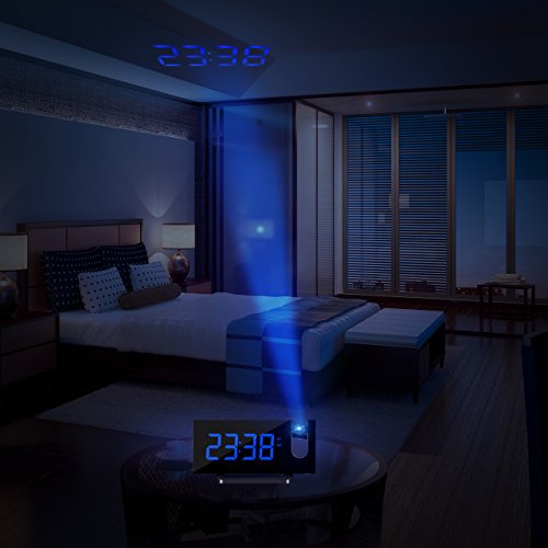 Mpow [Gen-2] Projection Alarm Clock, Arc-shaped Projection Clocks with 5 Inch Dimmer LED Display, Digital Clock Radios for bedroom with Dual Alarm, 12/24 Hours, Backup Battery (Black-Blue) - Thumbnail 7