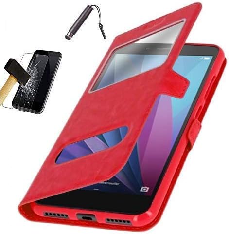 KONTARBOOR Red Case with Windows for Samsung Galaxy A70 + Tempered Glass Screen Protector + Pencil