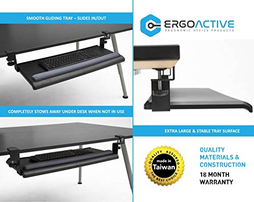 ErgoActive Extra Wide Under Desk Keyboard Tray with Clamp On Easy Installation, No Screws into Desk, Sliding Drawer, Fits Full Size Keyboard and Mouse - Includes Wrist Rest (Wide Tray + Wrist Rest)