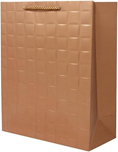Singular Metallizing Paper Square Embossed Vertical Paper, Shopping, Retail Bag With Rope Handle, Medium, 10'' L x 4.7'' H x 12.6'' W, Rose Gold, Set Of 12