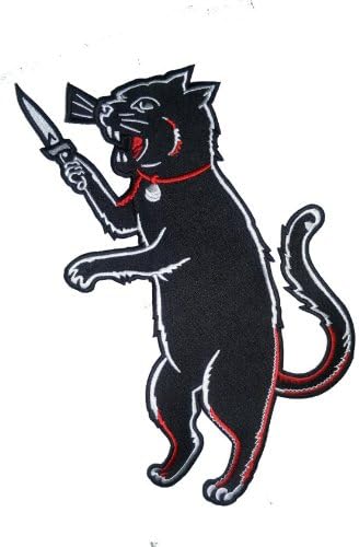 12" Black Stabby Cat Back Iron-On Patch - Red / Silver