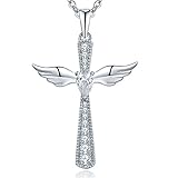 YL Women's Cross Necklace 925 Sterling Silver Angel Wings Crucifix Pendant Teardrop Cubic Zirconia Criss Jewelry