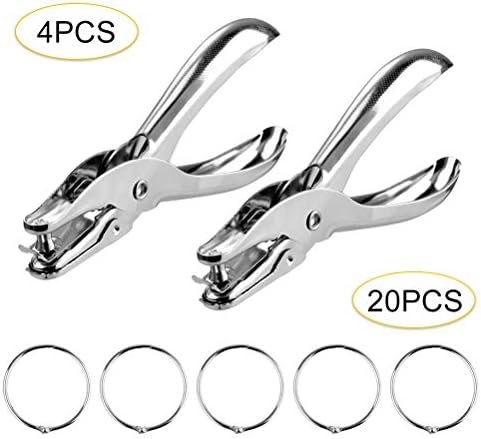 4 PCS Hand Hole Punchers, Cooyeah 1/4 Inch Single Hole Paper Puncher Ticket with 20 Pieces 1 Inch Loose Leaf Rings for School, Home and Office