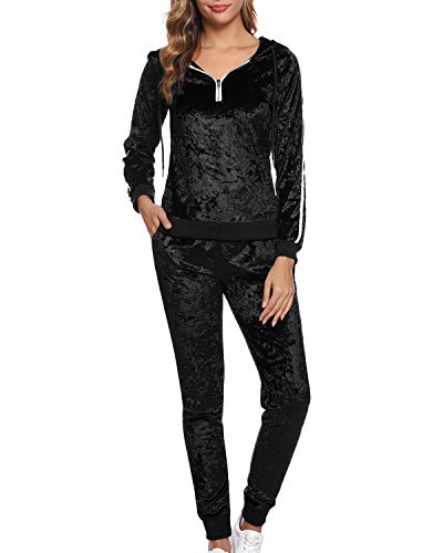 Hawiton Women's Velvet 2 Piece Tracksuit Long Sleeve Hoodie Sweatshirt and Pants Set Sweatsuit Sportswear Black