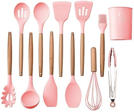 Amazon キッチンツール 調理器具 キッチン用品 11点セット シリコン 木製のハンドル 穴付き 壁掛け おたま 泡だて器 トング 耐熱 安全 収納付き ピンク ツールセット オンライン通販