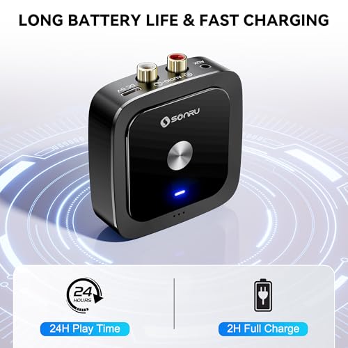 SONRU Bluetooth 6.0 Receiver, HiFi Wireless Audio Adapter with Low Latency, 24-Hour Battery Life, 3.5mm Jack AUX & RCA Output, Aux to Bluetooth Adapter for Speakers/Car/Home Stereo