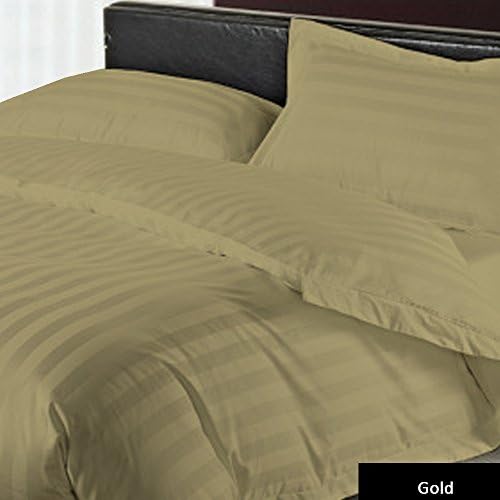 Luxurious Ultra Soft Silky 100% Egyptian Cotton 3 PCs Duvet Cover Set + 1 Fitted Sheet , Gold Color, 400 Thread Count 21 Inch Deep Pocket ( Queen , Stripe )