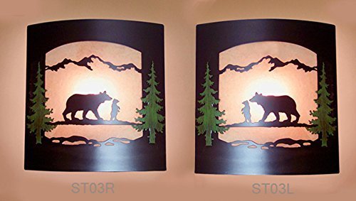 Wall Sconce Rustic Bears Light, Cabin Decor Lamp, Hand-Painted Pine Tree Left Facing