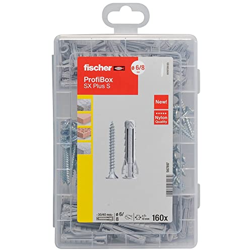 fischer Profi-Box SX Plus Dowels with Screws, Dowel Box with 160 Pieces, Expansion Dowels (50 Pieces 6 x 30, 30 Pieces 8 x 40) with Matching Screws, Practical Set, Dowel Box for DIY & Professionals