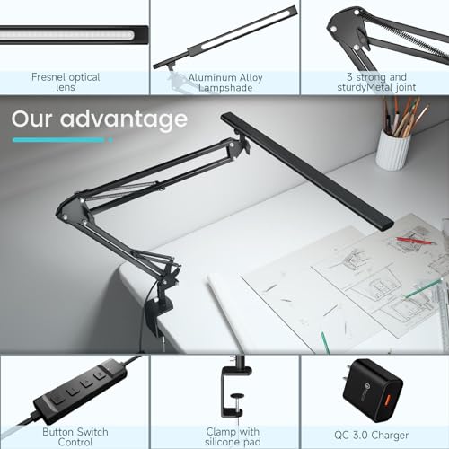 VERSKI LED Desk Lamp, Desk Lamp for Home, Office, Eye Protection, Daylight Lamp, 5 Adjustable Color Temperatures and Brightness, with QC 3.0 Adapter, 12W