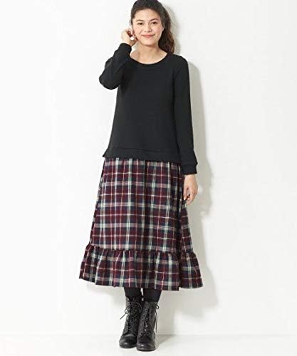Amazon Co Jp Nissen ニッセン ワンピース 異素材使いドッキングワンピース 黒 ボルドー系チェック 5l 服 ファッション小物
