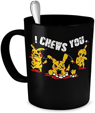 Pikachu Valentines Trio Zombie "I Chews You" - Funny Pokemon Saying 11-oz Coffee Mug Cup Made of High-Fired Black Ceramic with Large Easy-Grip Handle is the Perfect Gag Gift