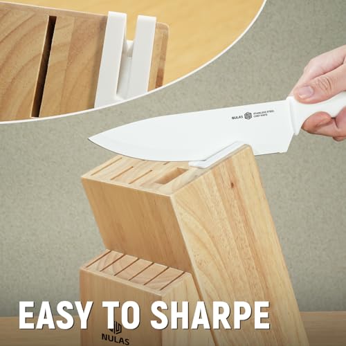 NULAS 15-Piece Kitchen Knife Block Set with Built-in Sharpener, Upgraded Non-Stick Coating Blades, Ergonomic Handles, Dishwasher Safe, Cream