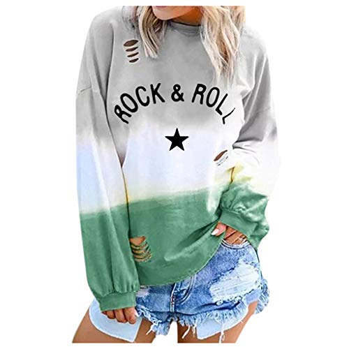 TWGONE Tie Dye Shirt Women Rock N Roll T Shirts Letter Gradual Long Sleeve Round Neck Blouses(Large,za-Green)