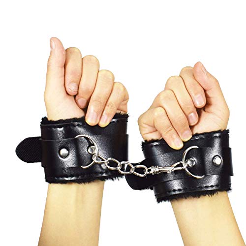 3 Pack Leather Handcuffs Set Adjustable Handcuffs with Leather Whip with Feather Black