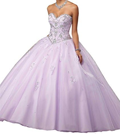 Junguan Women's Crystal Body Lace Appliques Quinceanera Dress 18 US Lavender