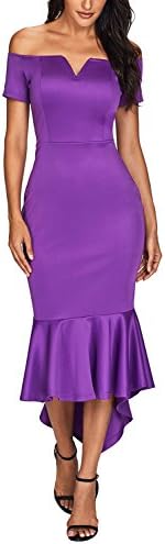 Ebbizt Womens Elegant Ladies Juniors Off Shoulder V Neck High Low Bodycon Mermaid Prom Night Club Midi Dress Purple Small