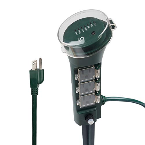 BN-LINK Outdoor Power Strip Yard Stake Timer with Photocell Dusk Till Dawn, or On at Dusk & 2, 4, 6, 8 Hour Countdown, 6 Grounded Outlets 6 ft Cord Weatherproof 1875W/15A ETL Listed