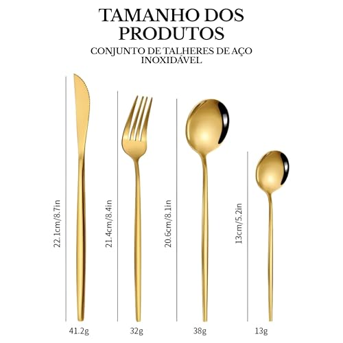 Conjunto de Talheres 24 Peças Dourado Premium Jogo de Talheres Aço Inoxidável Colheres, Garfos e Facas