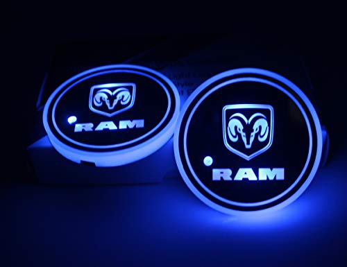 2pcs LED Car Cup Holder Lights for Dodge RAM, 7 Colors Changing USB Charging Mat Luminescent Cup Pad, LED Interior Atmosphere Lamp