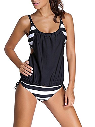 Women Girls 2 Piece Set Bathing Suit Swimsuits Swimwear Bikinis Stripes Strap Adjustable Tankini