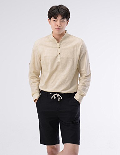 NEARKIN (NKNKN350 Beloved Men Henley Neck Long Sleeve Daily Look Linen Shirts Beige US XS(Tag Size XS)