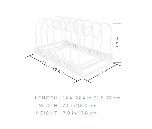Expandable Cookware Organizer Rack, Store 7+ Kitchen Pans and Pots, White, Extended to 22.5", Total 7 Adjustable Compartments, Cabinet Pantry Cupboard Bakeware Plate Holder Storage Solution - Thumbnail 2