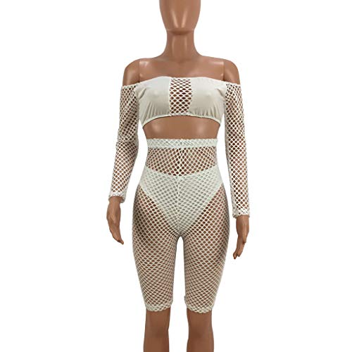 Blouse for Women Elegant, Yezijin Sexy Women Perspective Mesh Top Knee Length Pants Clubwear Three-Piece Outfit 2019 New White